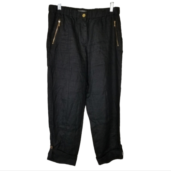 Calvin Klein Womens Black Linen Roll Tab Cuff Pants Size Small Elastic Waist Zip - Picture 1 of 11